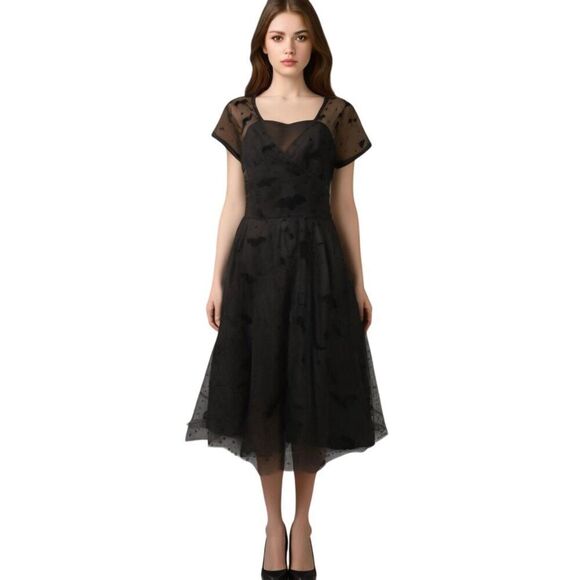 Magnolia Place Black Goth Bat Print Fit & Flare Dress Size M - Picture 13 of 13